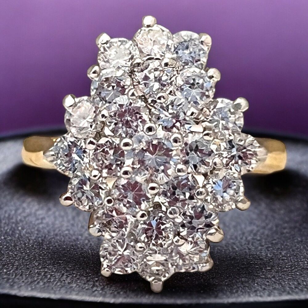 Vintage 1980s Ring Size 5 CZ Cluster Cocktail Gold Plated Band - 14H